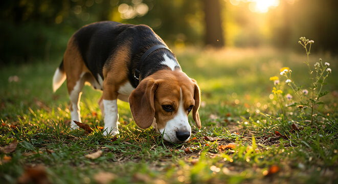 Beagle Dog Sniffing the Ground in Park at Sunset