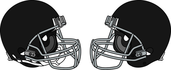 Black American football helmet with a gray facemask. Helmets with and without a chin strap