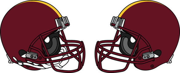 Burgundy American football helmet with a burgundy facemask. Helmets with and without a chin strap
