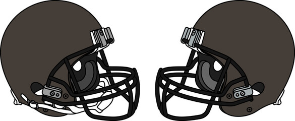 Gray brown American football helmet with a black facemask. Helmets with and without a chin strap