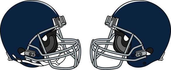 Dark blue American football helmet with a gray facemask. Helmets with and without a chin strap