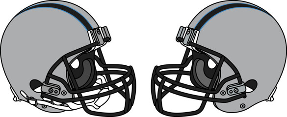 Gray American football helmet with a black facemask. Helmets with and without a chin strap