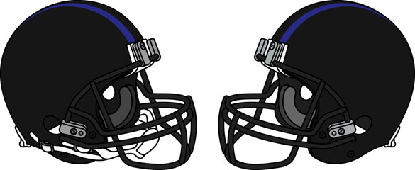 Black American football helmet with a black facemask. Helmets with and without a chin strap