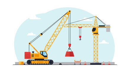 Illustration of construction site showcasing two cranes lifting heavy materials against a cloudy sky