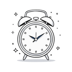Illustration of an alarm clock with twin bells showing the time, surrounded by stars and other shapes, sketched line drawing on white