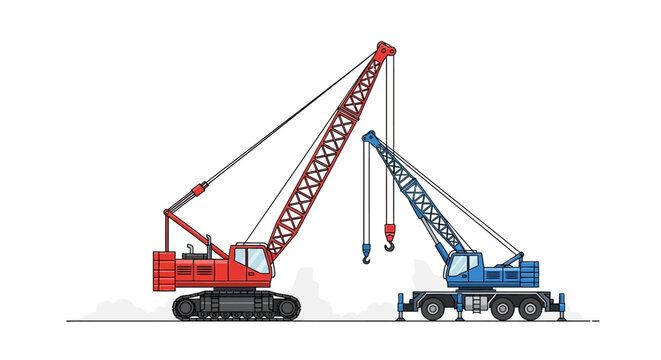 Colorful construction cranes illustration showcasing engineering and industrial power with