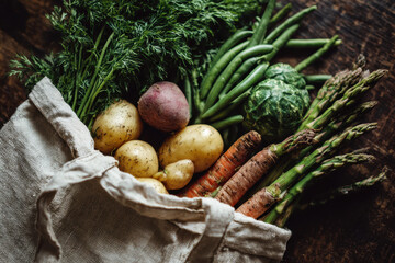 Rustic cloth bag overflows with fresh vegetables including potatoes, carrots, green beans, asparagus, and turnip, all resting on wooden surface, evoking sense of farm fresh abundance