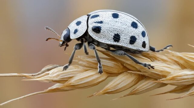 Close up of a white ladybug with black spots perched on a wheat stalk outdoors