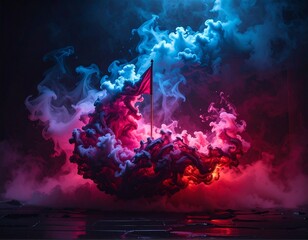 Mystical Flag Amidst Smoke: A solitary red flag stands boldly amidst a dramatic swirling cloud of vibrant, colored smoke, creating a scene of abstract beauty.