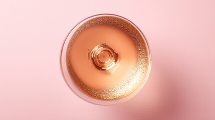 brut. Glass of rose sparkling wine on a pastel pink background, captured from above with soft shadows and studio lighting. bar promotions.