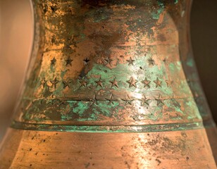 Antique Bell Details: A close-up view of an antique bell, its weathered surface tells tales of time, etched with intricate star designs, capturing the essence of historical craftsmanship.