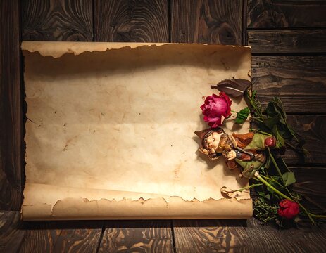 Aged scroll with red roses and a small figurine on wooden surface