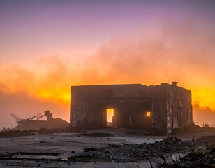 Ruin at Dawn: A weathered structure stands defiant against a dramatic sunrise, its silhouette framed by a fiery sky, symbolizing resilience. 