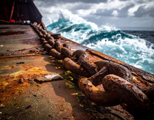 Chain and Ocean Fury: A weathered chain on a ship's deck stands in stark contrast to the churning waves, symbolizing resilience against the tempest.