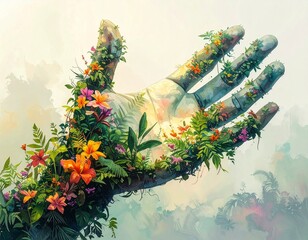 Blooming Embrace: A majestic stone hand, intricately adorned with vibrant flowers and verdant foliage, symbolizes nature's tender touch and growth.
