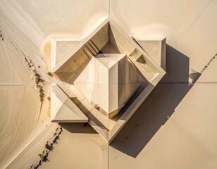 Geometric Oasis: An aerial perspective of a modern architectural marvel, showcasing sharp angles and clean lines against the stark beauty of the desert.