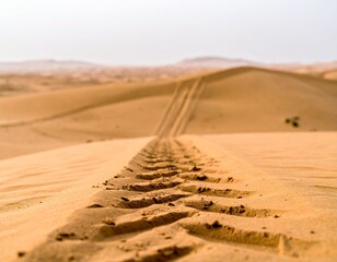 Endless Desert Trail: The image captures a mesmerizing journey, a solitary trail cutting through rolling sand dunes towards the hazy horizon. The texture of the sand.