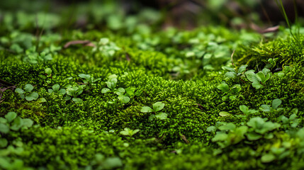 Obraz premium Moss and Clover Interwoven: Textured Green Carpet of Nature with Clover Plants