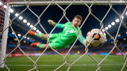 Goalkeeper diving to save a soccer ball in a net 