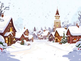 Christmas background in watercolor style for graphic design or wallpaper. A cartoonish rural village filled with white snow and beautifully decorated Christmas trees to welcome the Christian New Year.