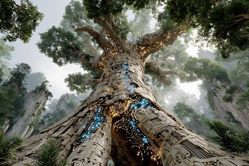 Massive ancient tree whose bark covered intricate hieroglyphic like circuit pattern fusion of ancient wisdom modern technology Fantasy concept art looking up trunk base dappled sunlight filtering