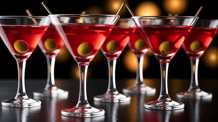 Row of Red Martini Cocktails with Green Olives and Cocktail Sticks drink beverage