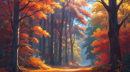 Vibrant autumn forest scene with warm golden light filtering through the dense foliage of tall trees, their leaves a kaleidoscope of oranges, yellows, and reds, set against a soft blue sky with a few 