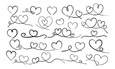 Calligraphic heart line art chalk doodle set, hand drawn love symbols with textured swirly flourishes and decorative divider elements.