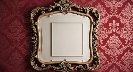 Ornate mirror hangs on red damask wallpaper in a vintage room, reflecting elegance and classic style.