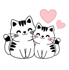 Cute cat couple illustration set with the text True Love and heart elements. Adorable gray and beige cats sitting together in a sweet, romantic pose.