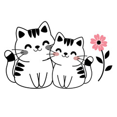 Cute cat couple illustration set with the text True Love and heart elements. Adorable gray and beige cats sitting together in a sweet, romantic pose.