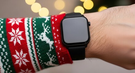 Person wearing smartwatch displays blank screen while wearing christmas sweater with holiday lights in background, showcasing modern technology during festive season.