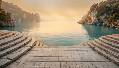 Tranquil Sunset Landscape With Stone Terrace And Mountains