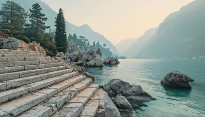 Tranquil Sunset Landscape With Stone Steps By Water