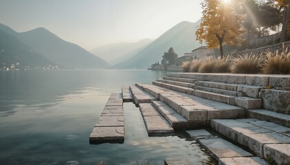Tranquil Landscape With Stone Steps Leading To Water