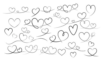 Calligraphic heart swirl vector illustration set, elegant love symbols and hand drawn divider elements.