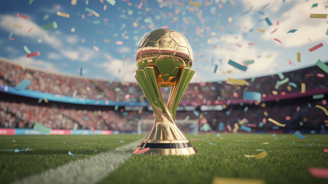Golden soccer trophy on a field with confetti falling 