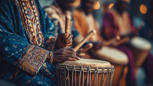 Close-up of African drummers playing traditional instruments during F&ecirc;te de la Gani cultural celebration