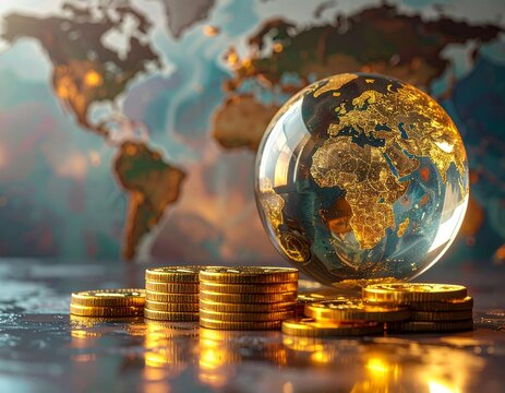 Tariff, trade war. Glass globe resting stack of gold coins with blurred world map background