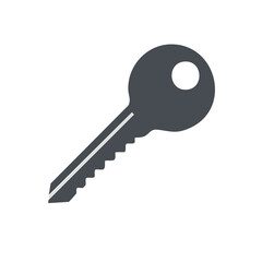 Single gray metal door key. House or vehicle key with a round head and jagged edge.