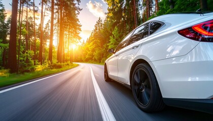 Fototapeta premium White Sedan Driving Through Forest Road at Golden Hour with Motion Blur