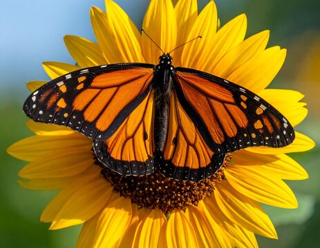 Close-up of a monarch butterfly perched atop a sunflower in full bloom