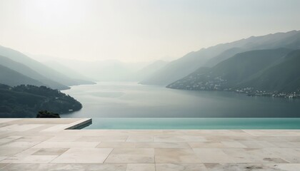 Infinity Pool Overlooking Tranquil Lake Surrounded By Mountains