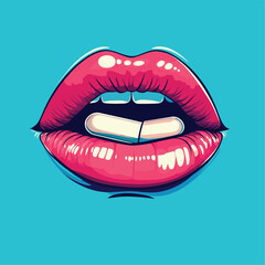 Lips Open with Tongue Holding a Pill   , vector style simple color