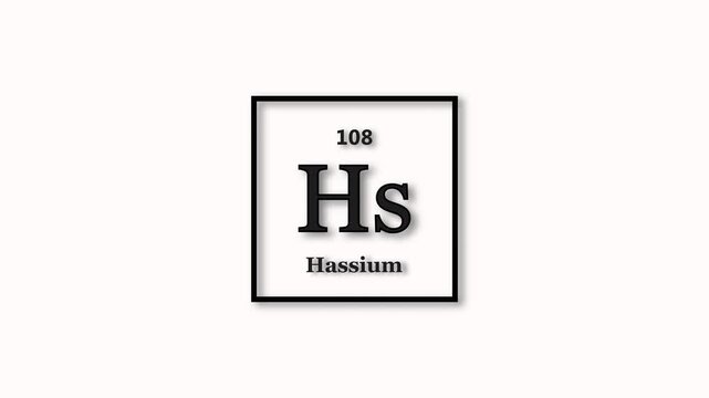 Hassium element icon animation. Atomic number 108, short symbol Hs, on white background 4k video.