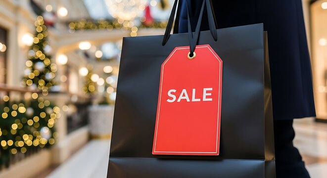 Person holding black shopping bag with red sale tag in brightly lit mall during christmas season, conveying holiday shopping and retail sales.