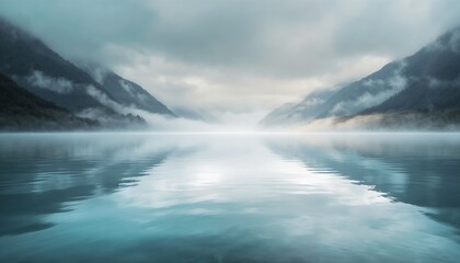 Tranquil Lake Reflected By Misty Mountains And Forests