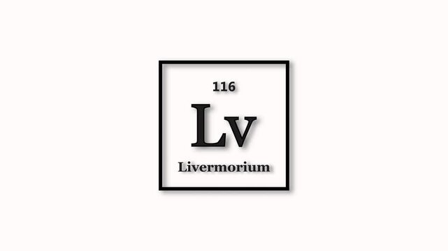 Livermorium element icon animation. Atomic number 116, short symbol Lv, on white background 4k video.