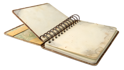 Spiral-bound sketchpad partially open, curled edges, isolated transparent PNG