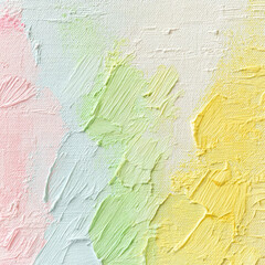 Textured abstract painting features soft pastel colors including pink, green, and yellow, creating soothing and harmonious visual effect. brushstrokes add depth and movement to artwork